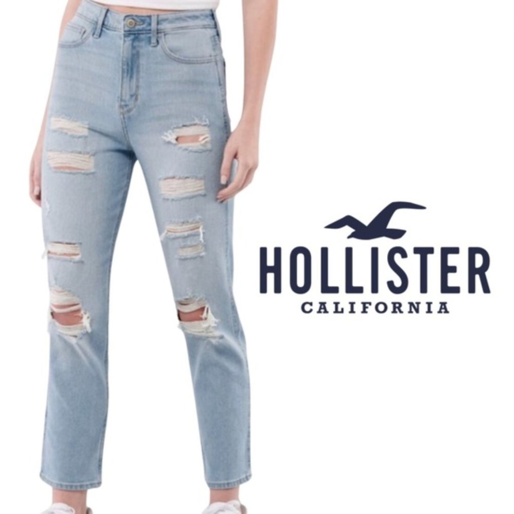 Hollister Ultra High Rise Mom Jeans Light Wash Distressed - Size 7R - 28 - Picture 1 of 10